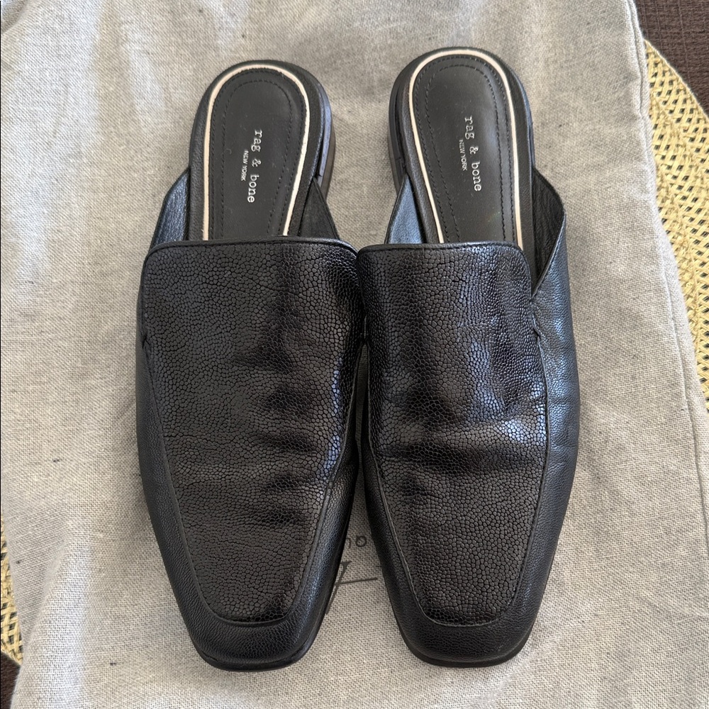 rag & bone Black Textured Leather Slip-On Mules